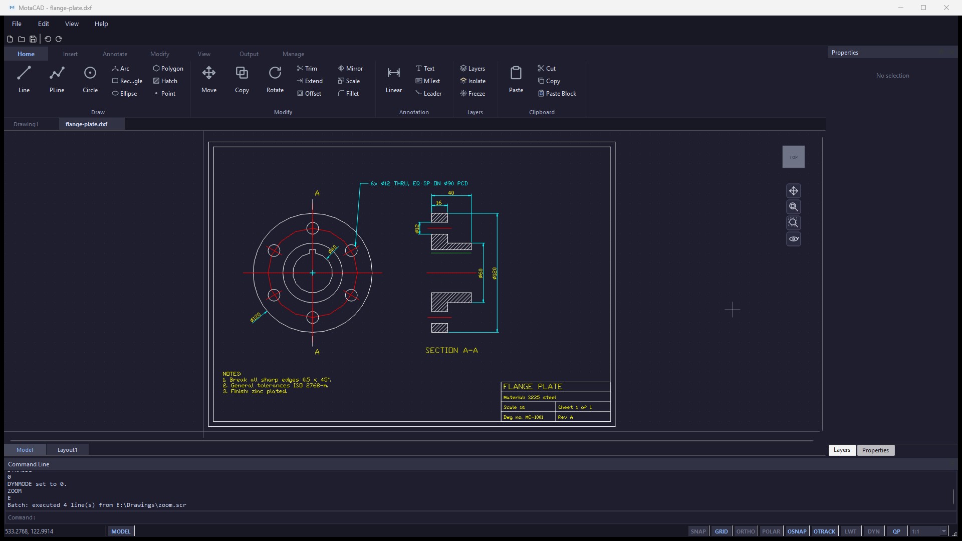 MotaCAD showing a flange plate drawing with a front view, a hatched section, dimensions, a leader note and a title block